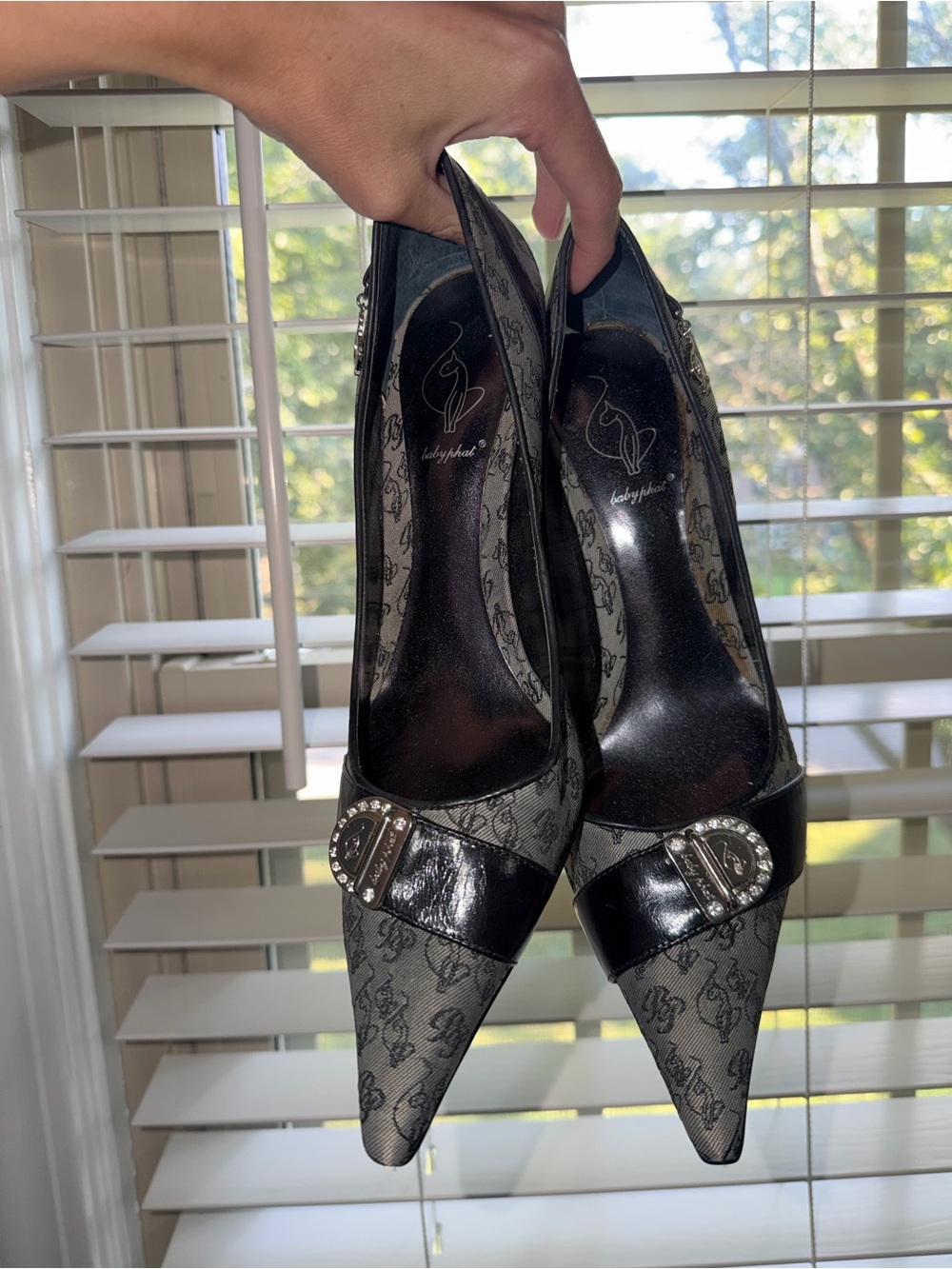 Baby Phat Black Logo Mesh Pointed Toe Heels with Silver Buckle
